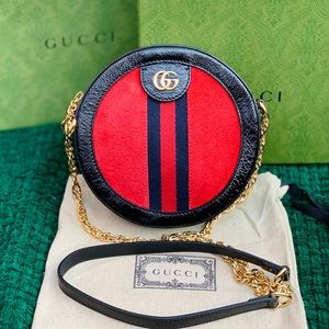 ✨Holiday SALE ✨ GUCCI Ophidia Mini Round Bag Red Suede Black Patent Leather